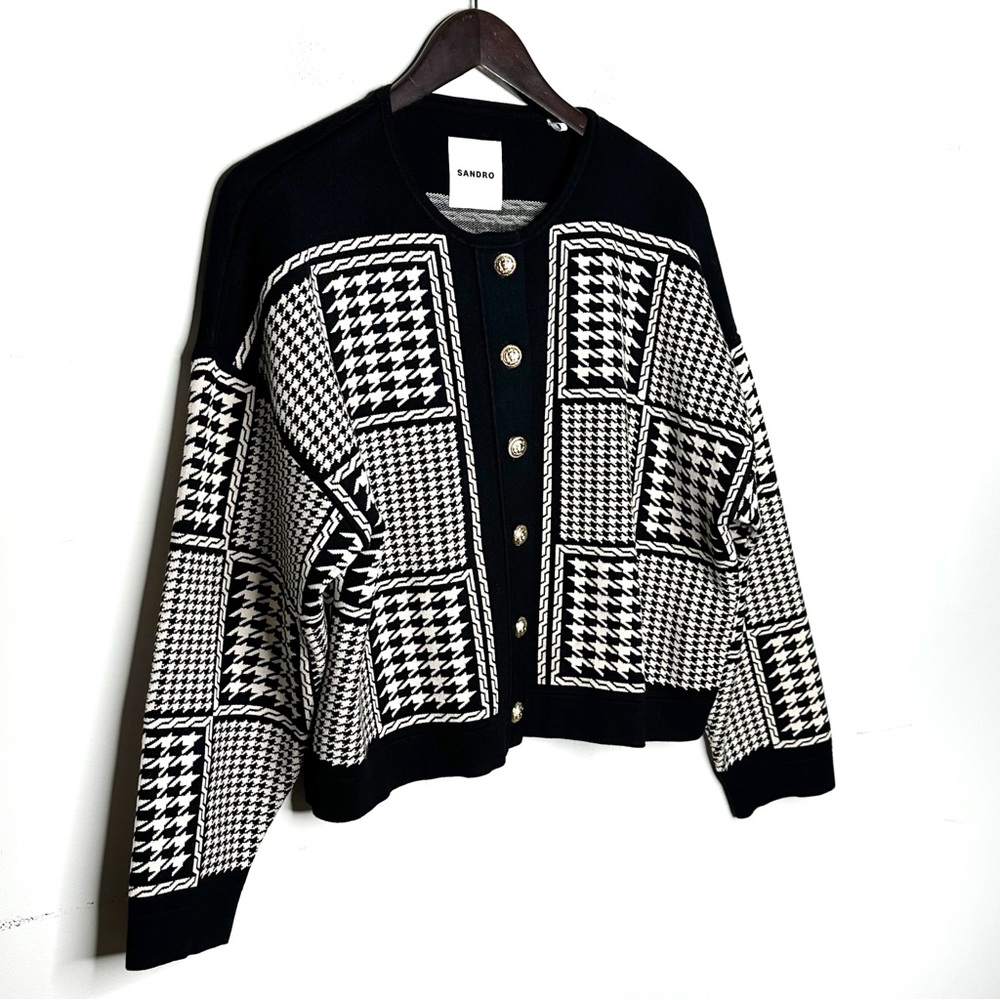 Sandro Jules Houndstooth Cropped Cardigan Black & Cream Size Large - Picture 6 of 13